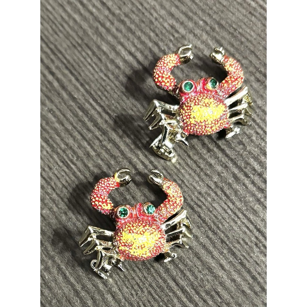 Crab Scatter Pins Enamel Rhinestone Articulated Green Eyes Set Of‎ 2